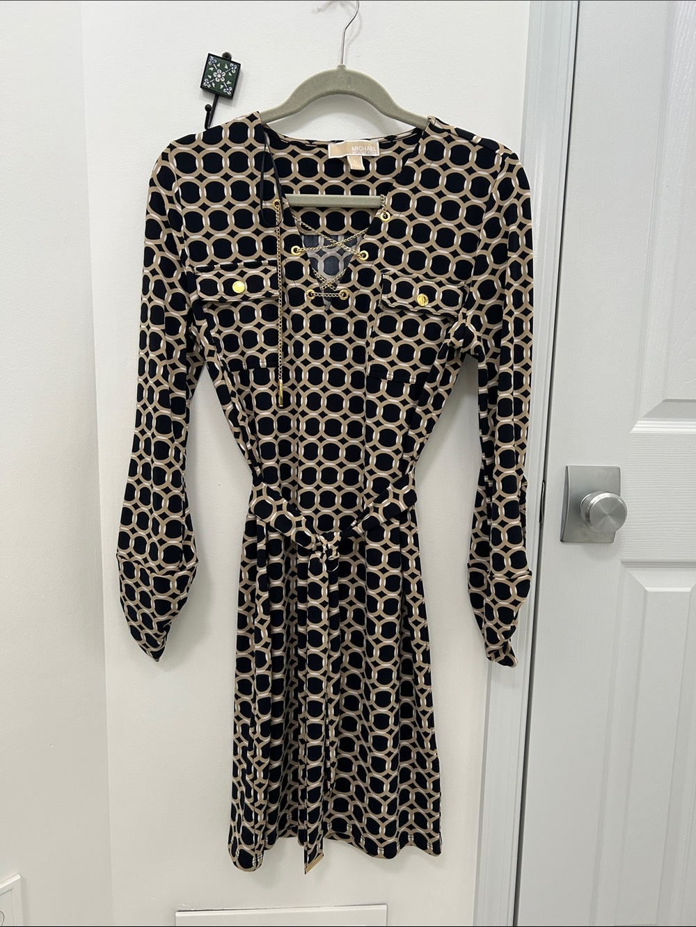 Michael Kors Black and Tan Geometric Tie-Waist Long Sleeve Dress